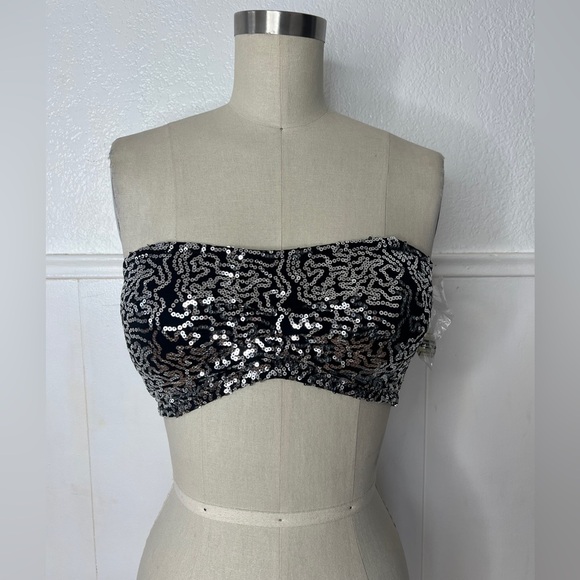 New vintage retro silver sparkle sequin black stretch bralette top M - Picture 1 of 6